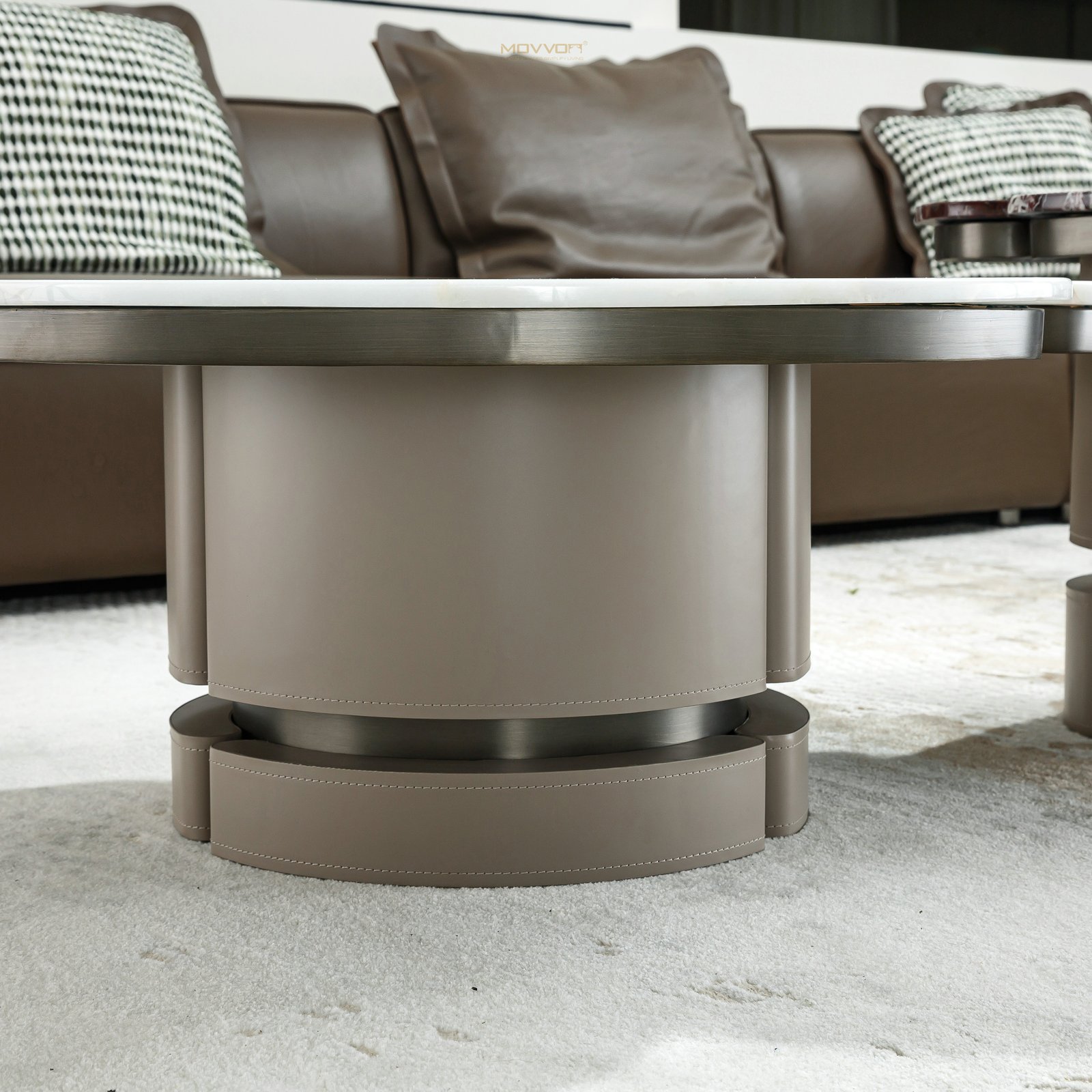 White Round Nesting Coffee Tables with Black Floral Inlay