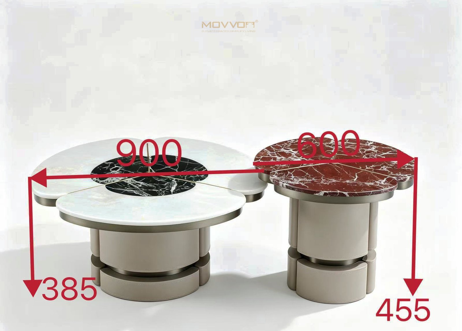 White Round Nesting Coffee Tables with Black Floral Inlay