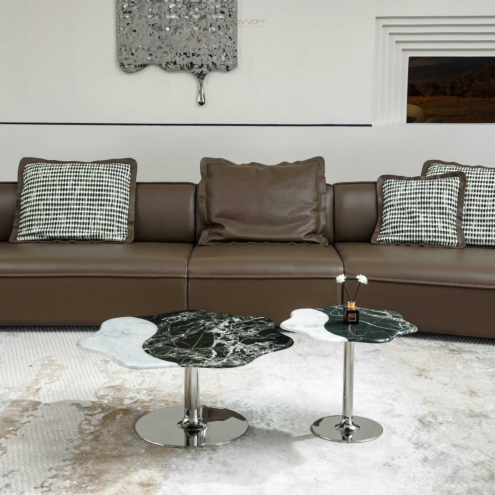 Petal-Edge Stone Coffee Tables on Polished Silver Disc Bases