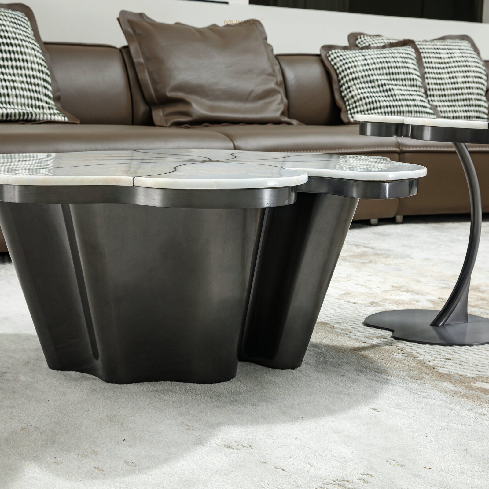Pale Floral Stone Coffee Tables with Black Wave Pedestals
