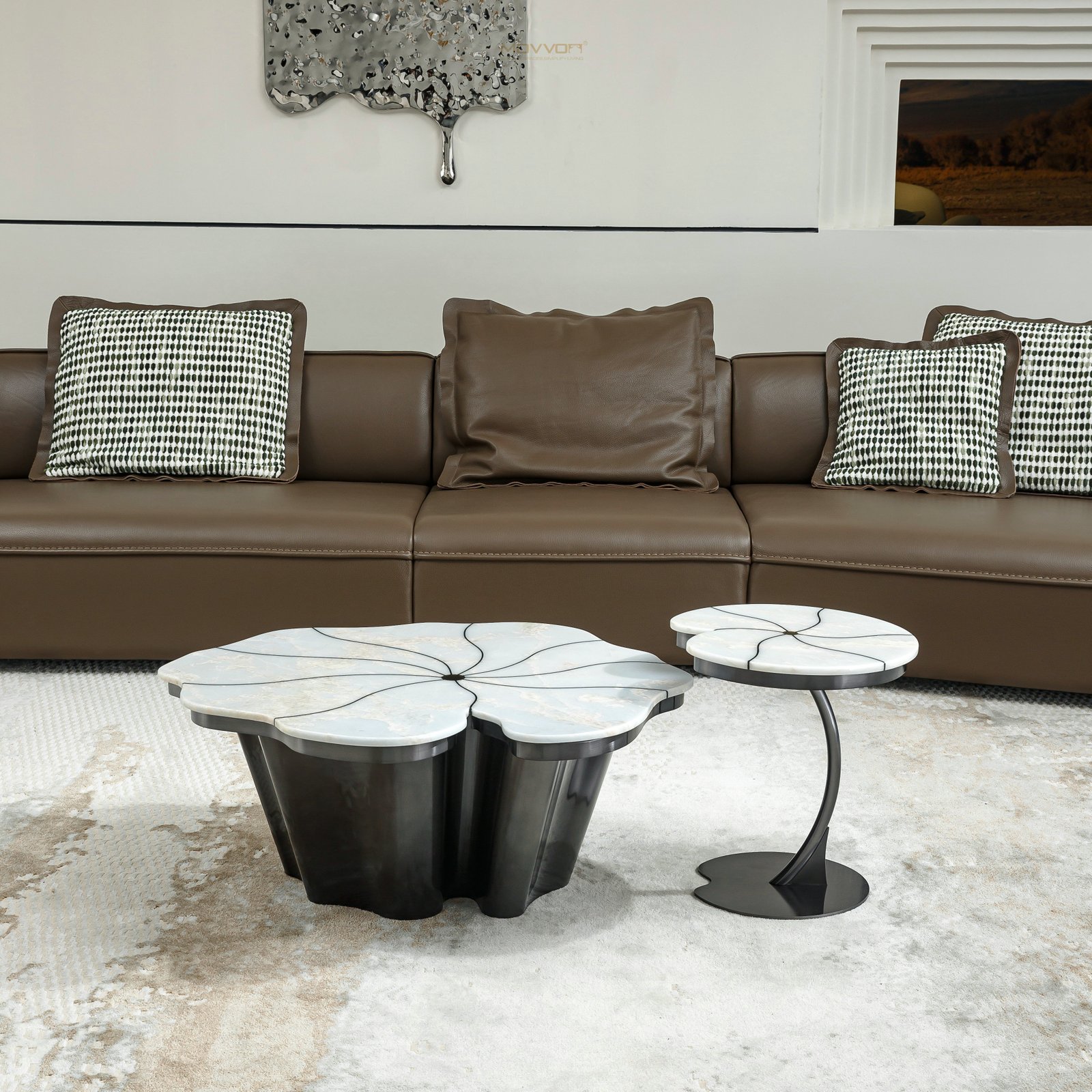 Pale Floral Stone Coffee Tables with Black Wave Pedestals