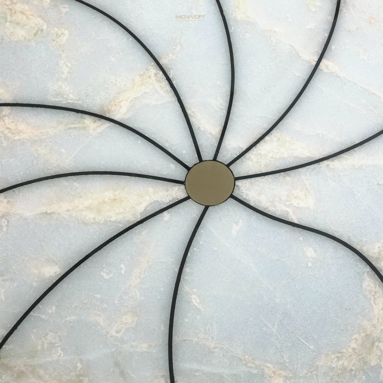Pale Floral Stone Coffee Tables with Black Wave Pedestals
