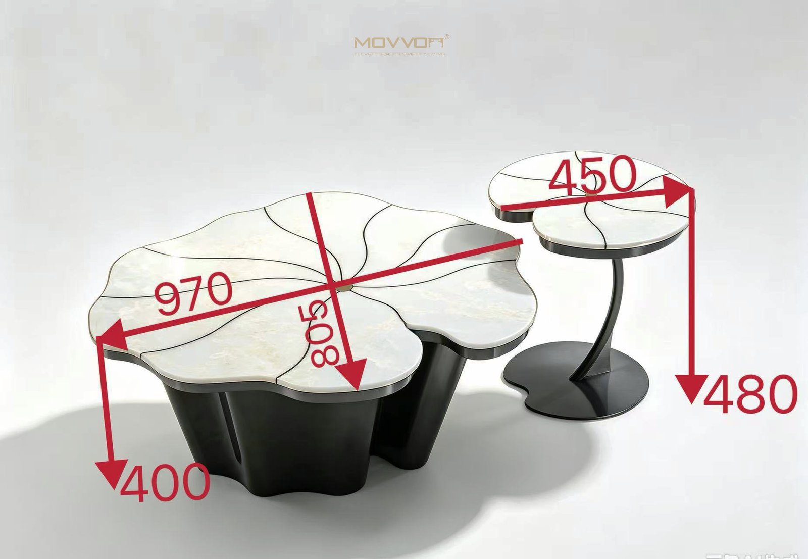 Pale Floral Stone Coffee Tables with Black Wave Pedestals