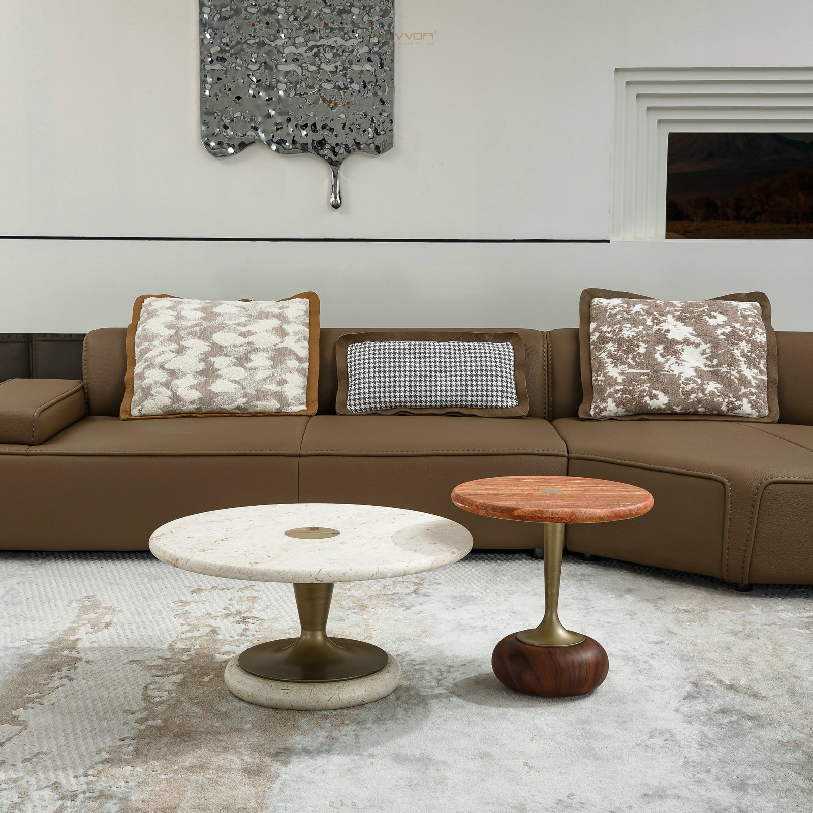 Two-Tone Marble Round Coffee Table Set with Brass Columns