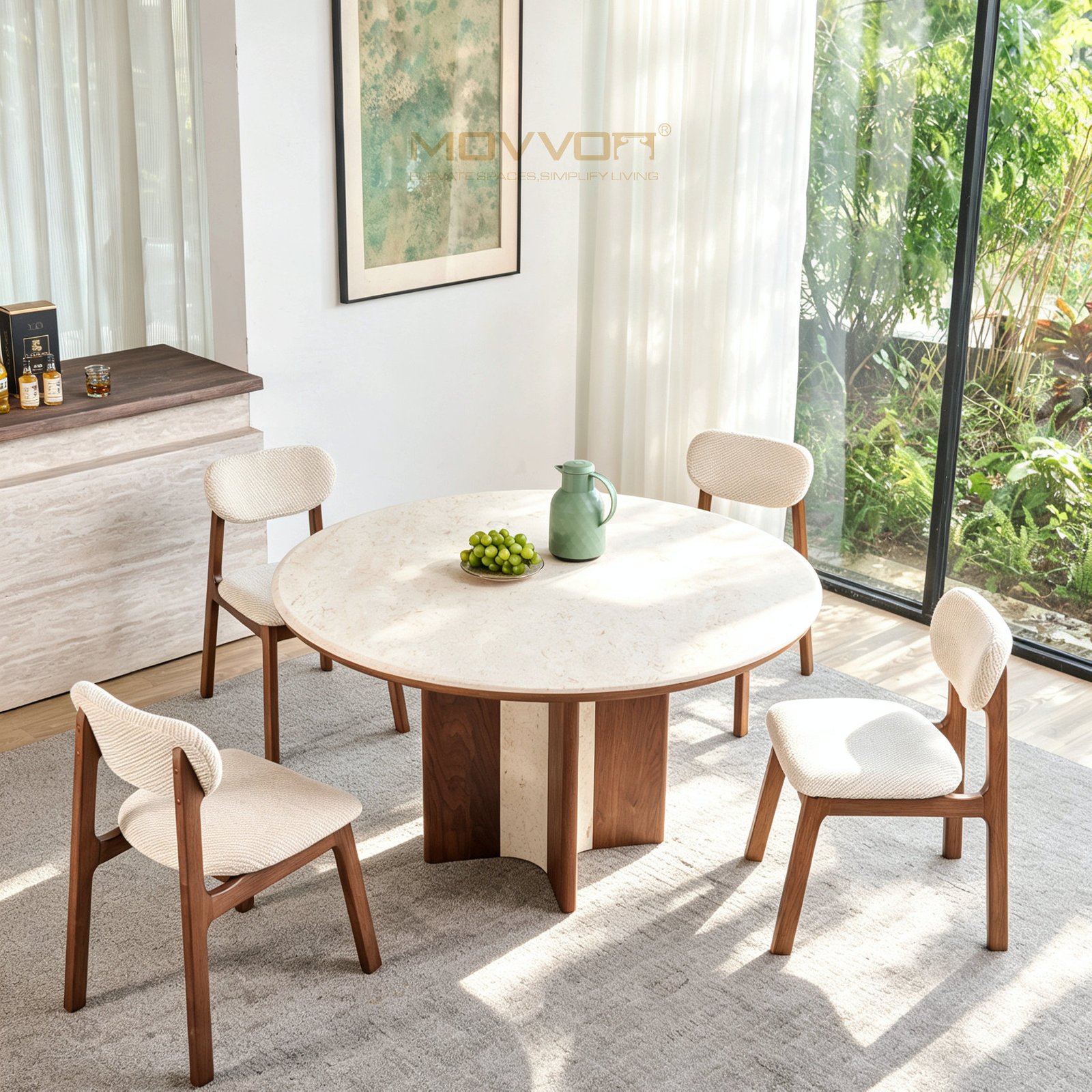 Segmented Walnut-Stone Pedestal Jade Rabbit Round Dining Table