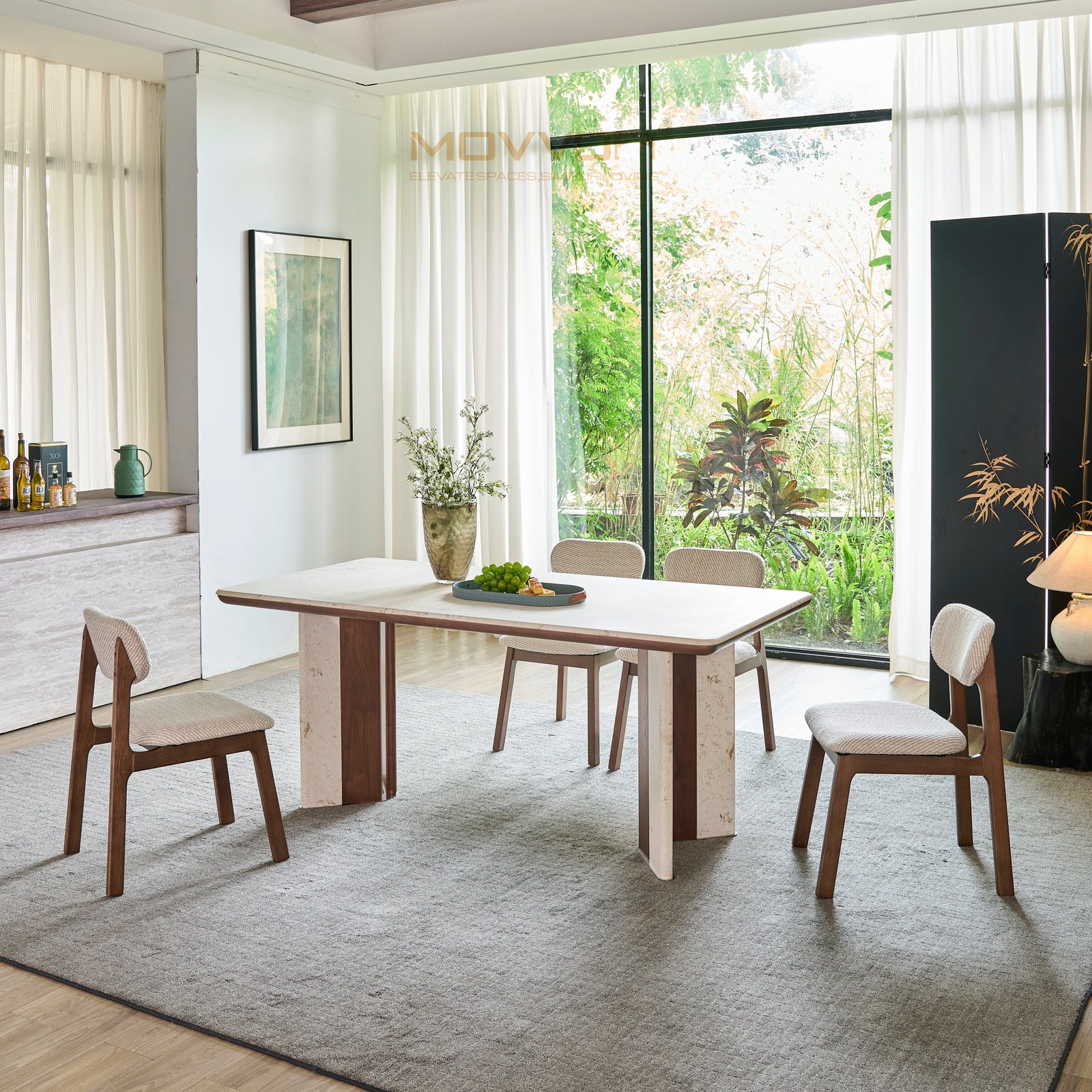 Alternating Walnut-Stone Base Jade Rabbit Marble Dining Table