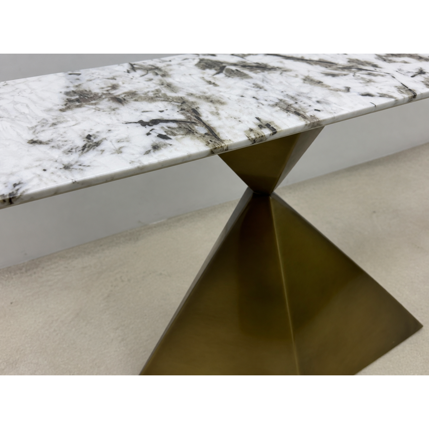 White Veined Console Table on a Champagne Hourglass Pedestal