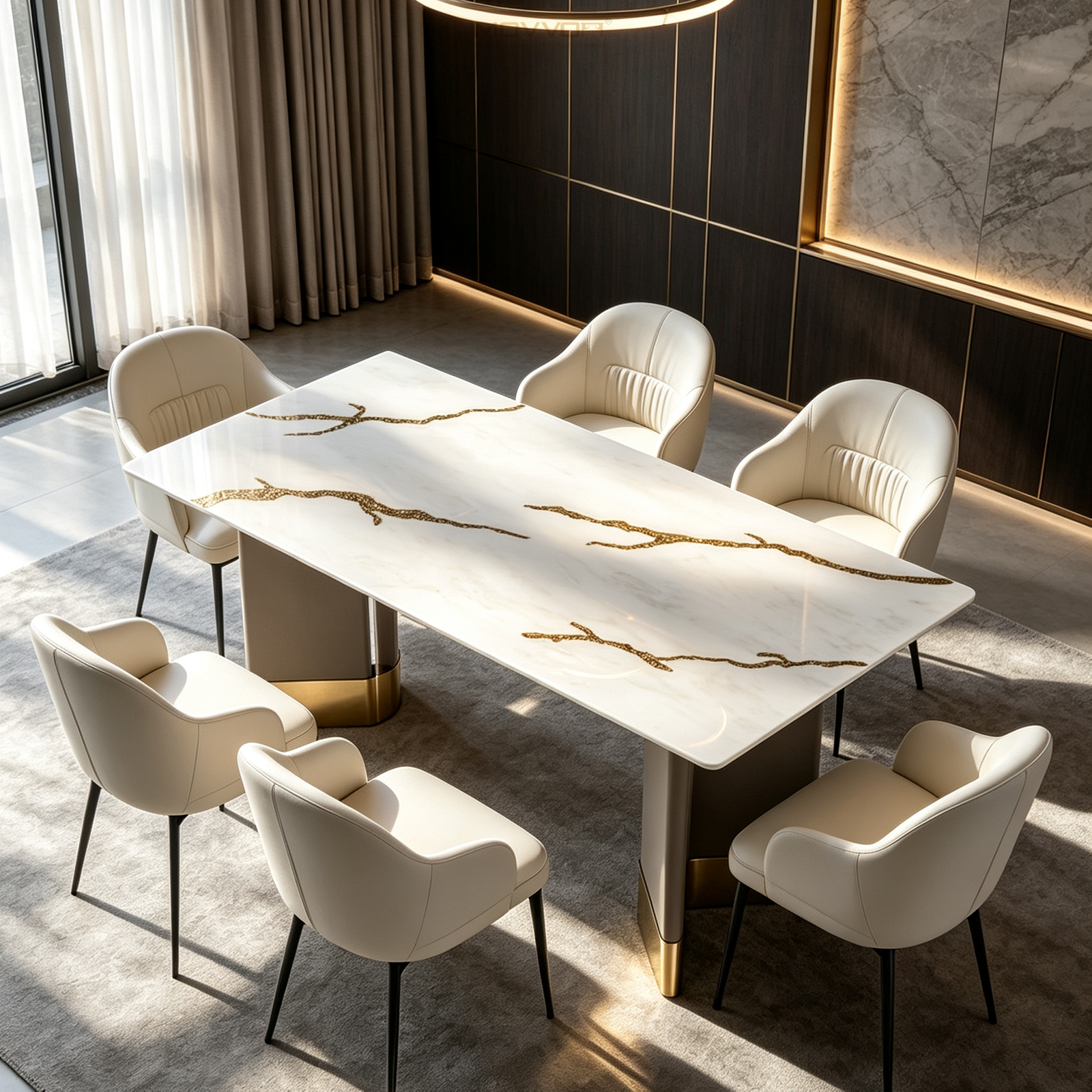 White Marble-Effect Dining Table with Textured Gold Vein Inlay and Twin Pedestals
