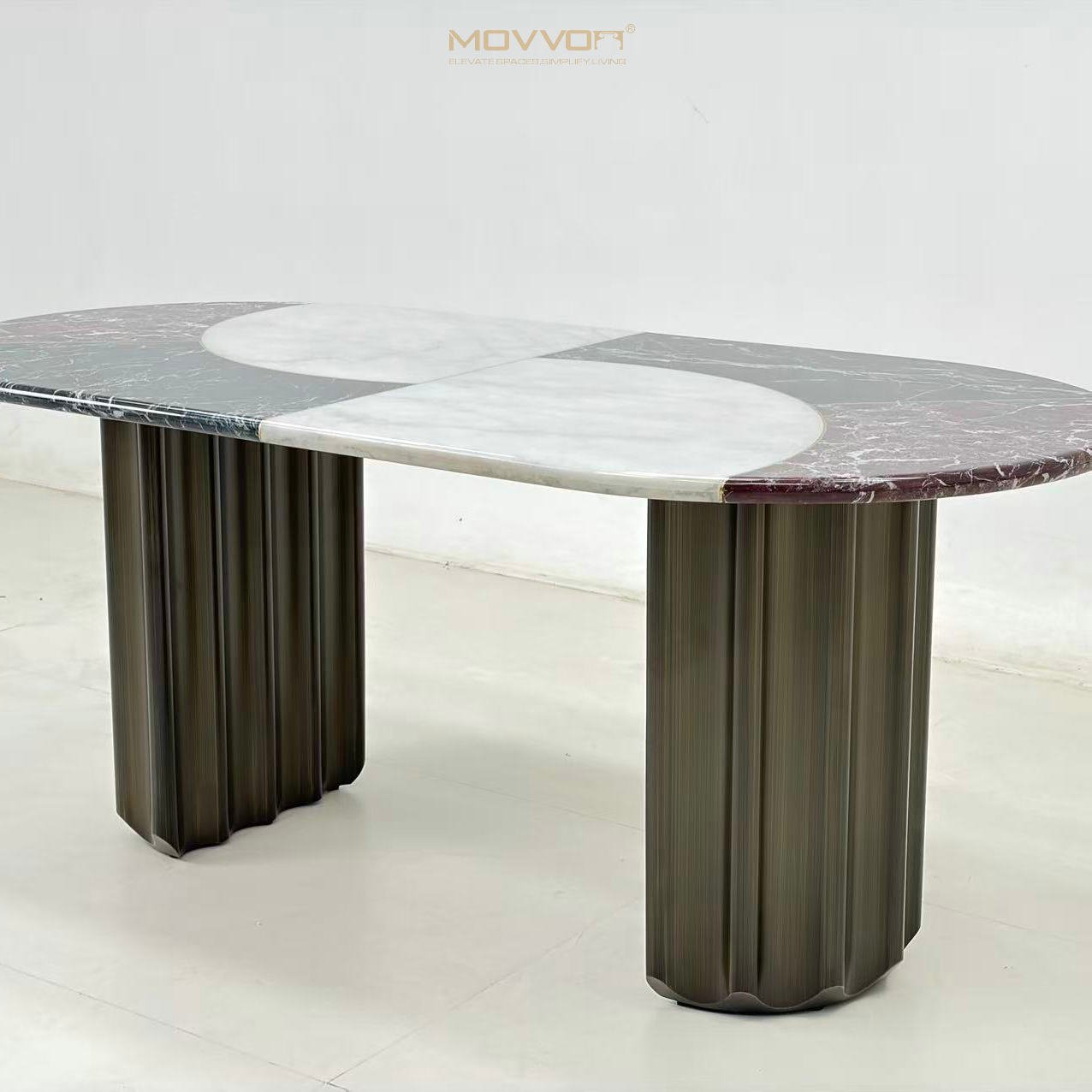 Three-Tone Marble-Effect Capsule Dining Table with Fluted Pedestal Bases