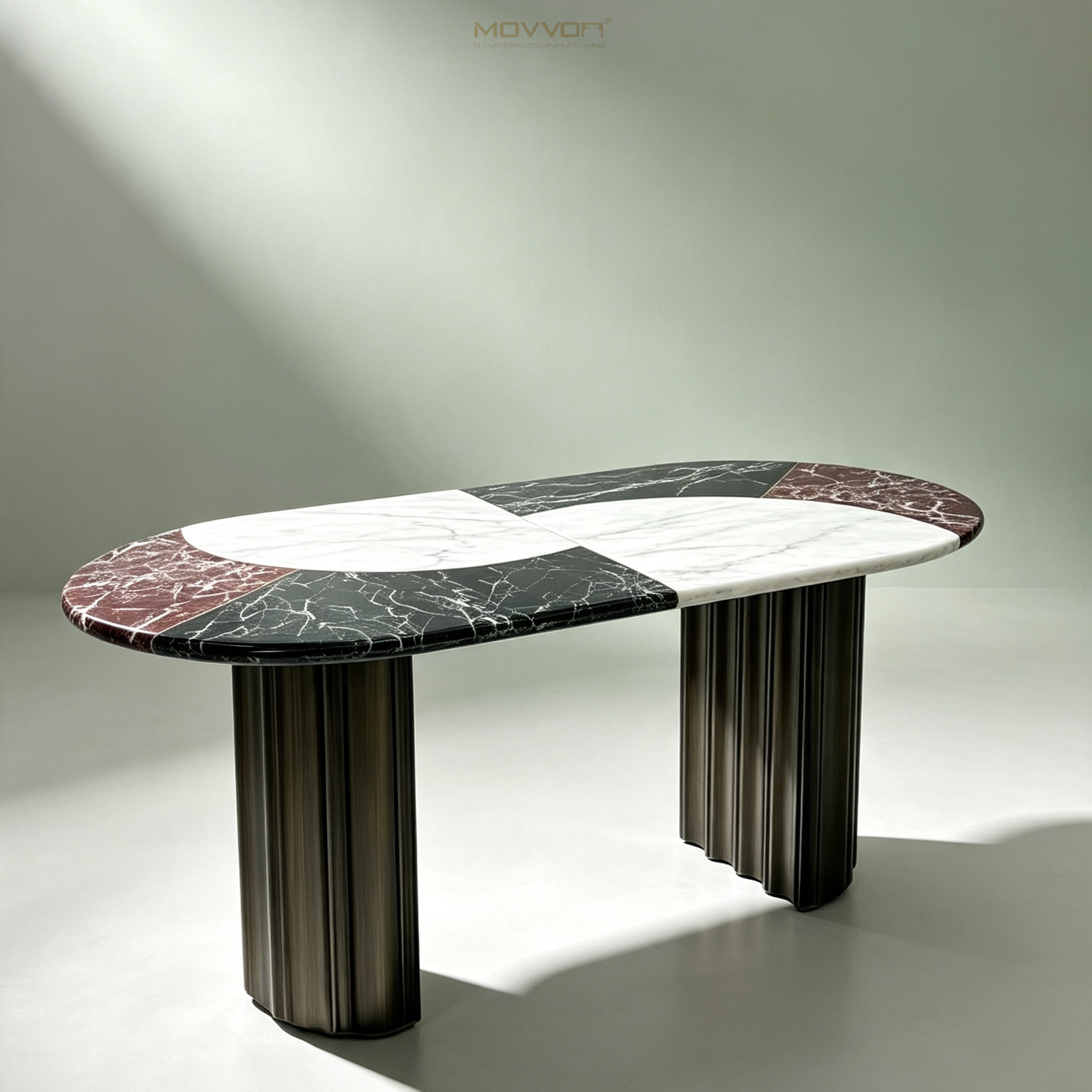 Three-Tone Marble-Effect Capsule Dining Table with Fluted Pedestal Bases