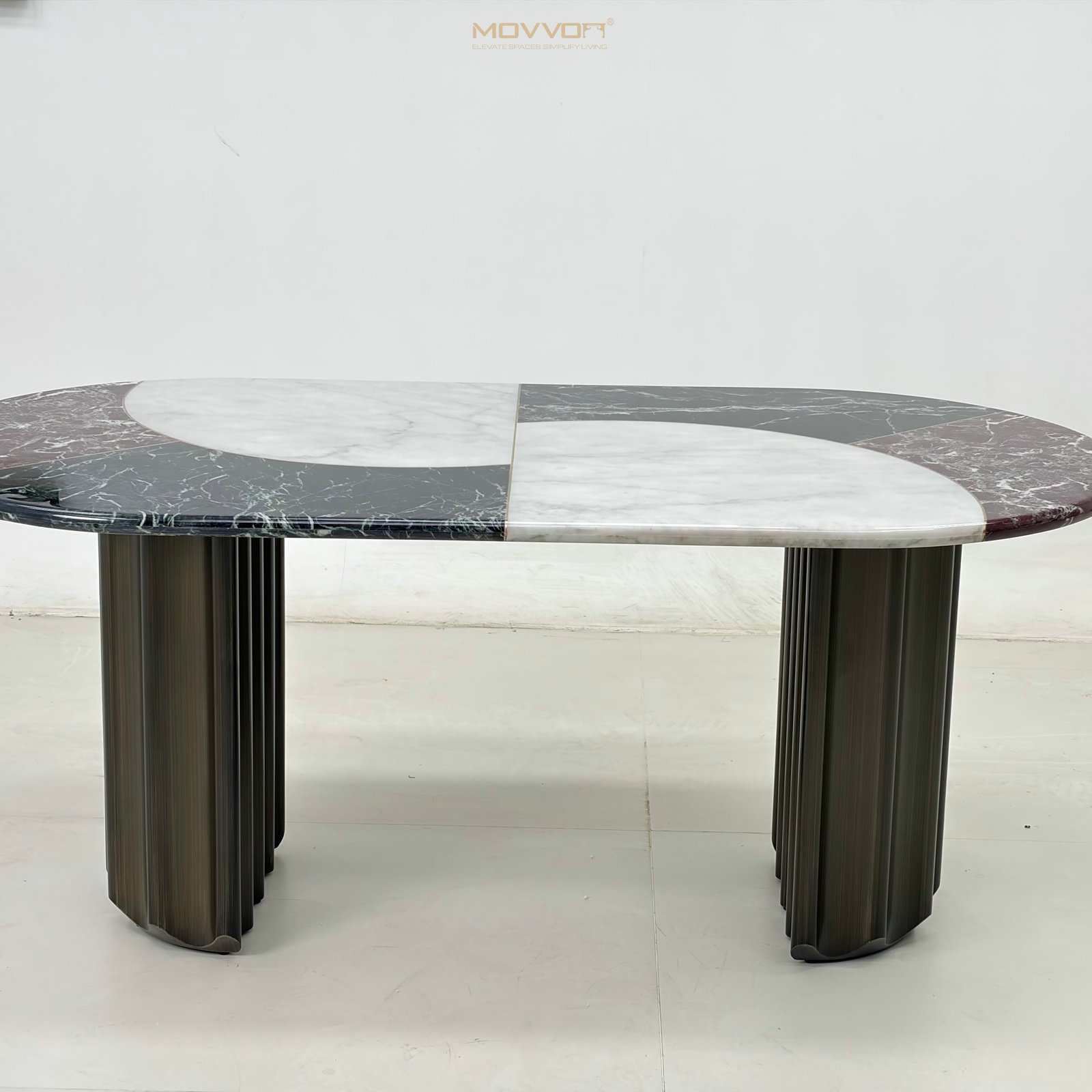 Three-Tone Marble-Effect Capsule Dining Table with Fluted Pedestal Bases