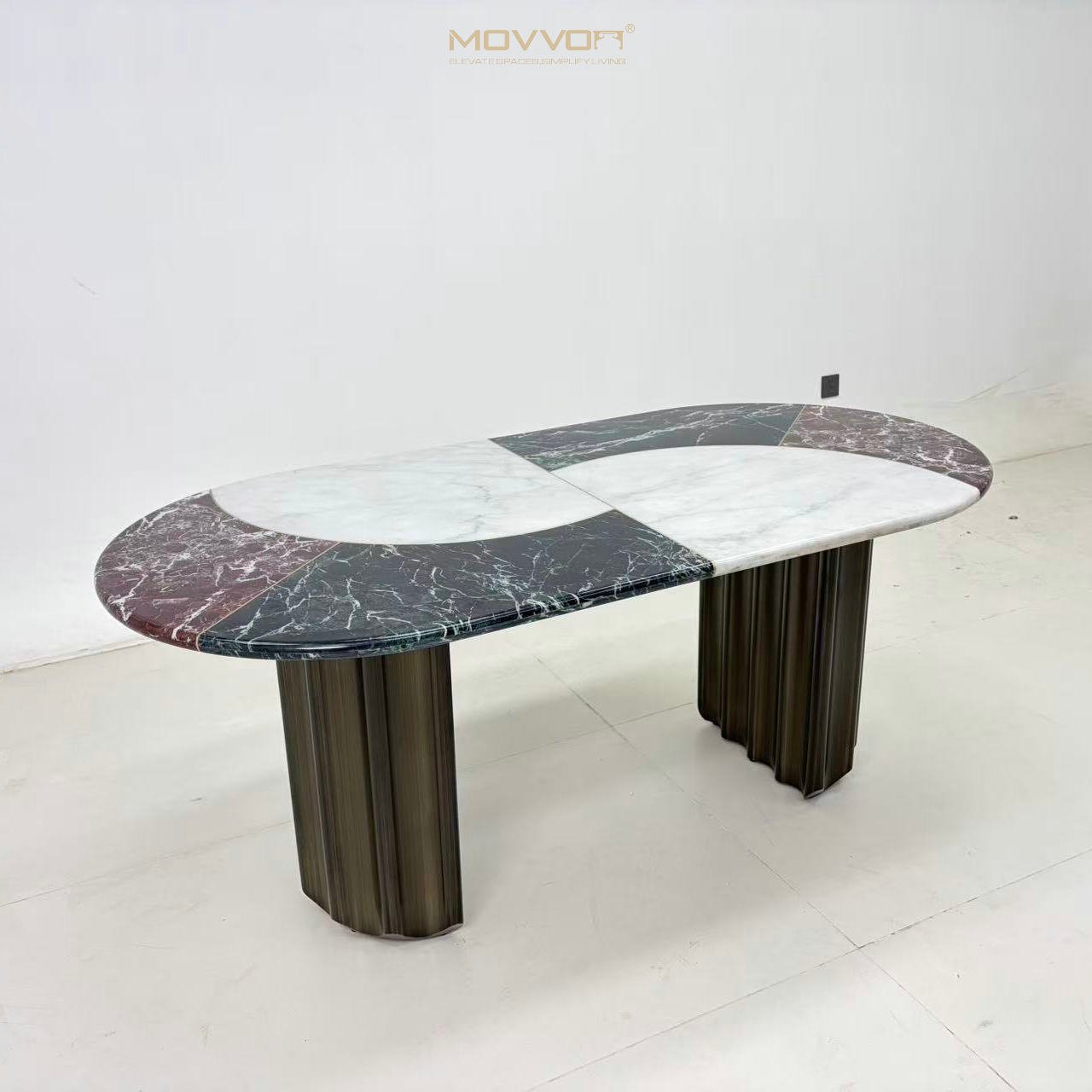 Three-Tone Marble-Effect Capsule Dining Table with Fluted Pedestal Bases