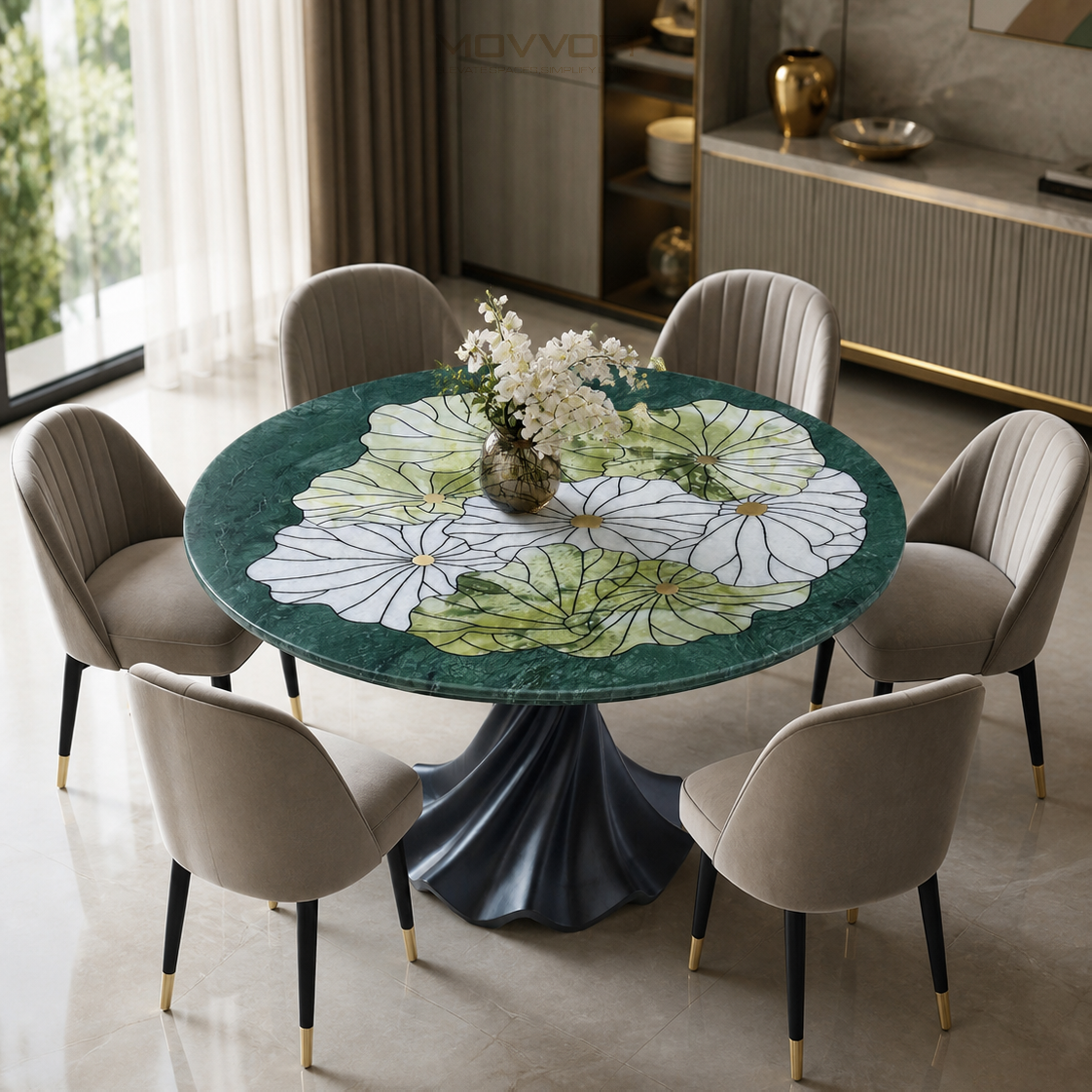 Botanical Green Marble-Effect Round Dining Table