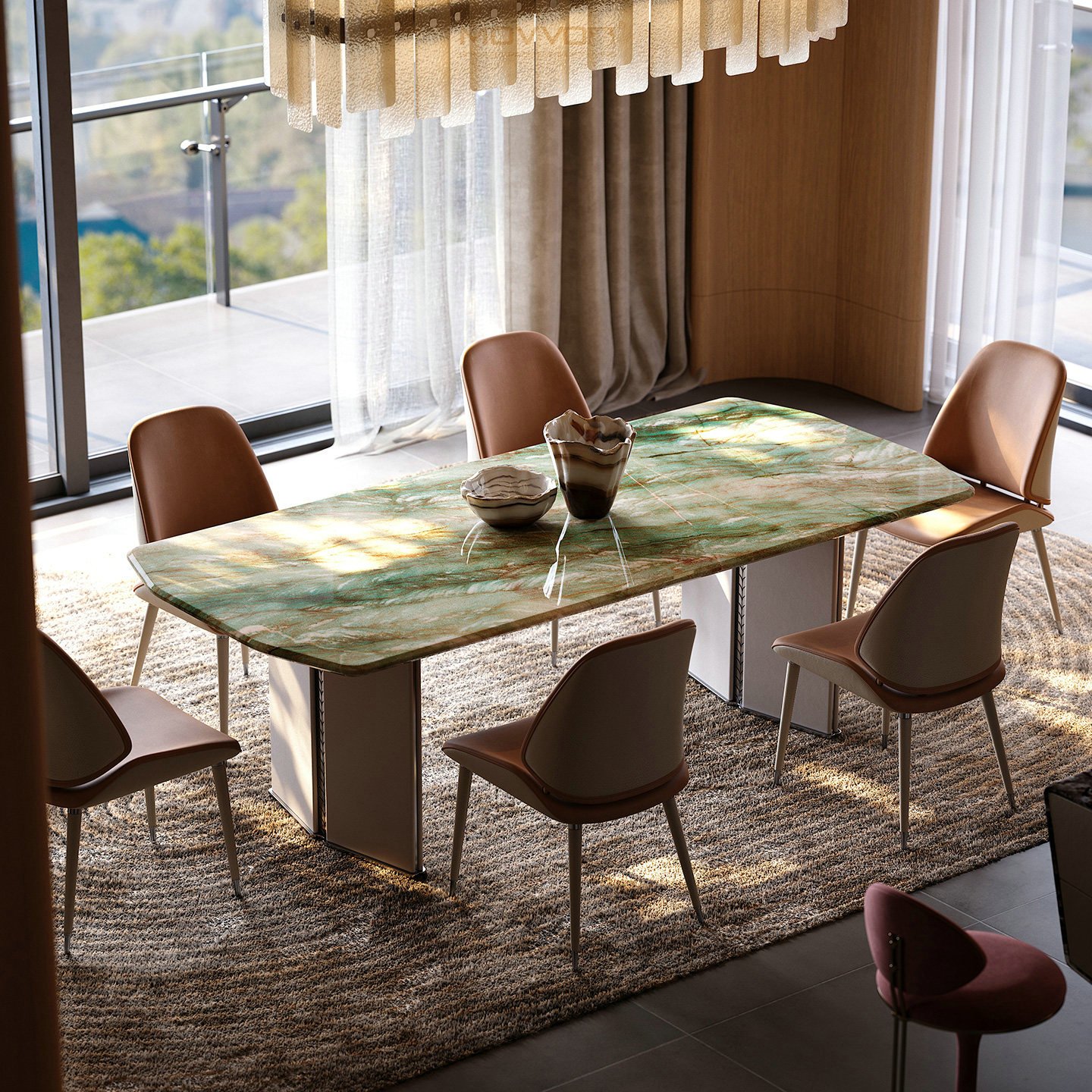 Green Marble-Effect Rectangular Dining Table with Curved Twin Pedestal Bases