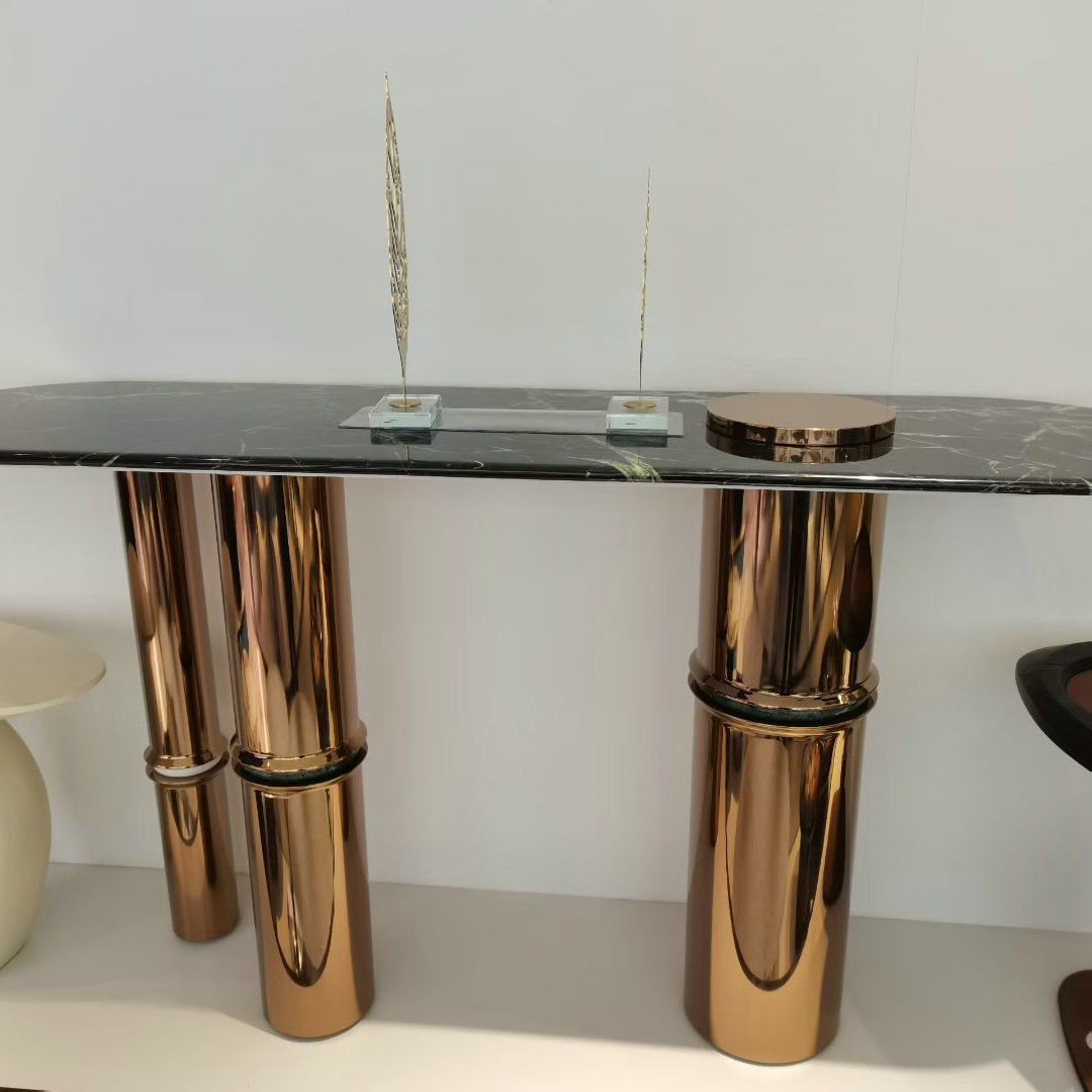 Dark Green Marble-Effect Console Table with Three Polished Bronze Pedestals