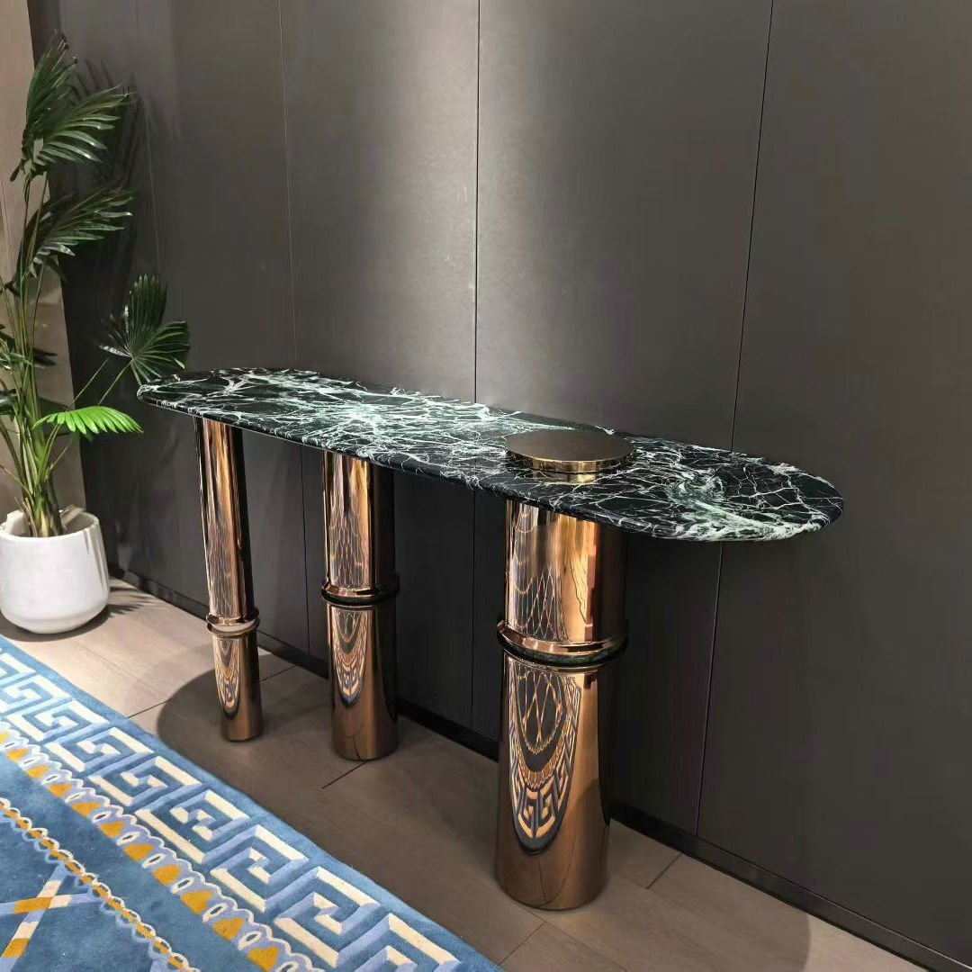 Dark Green Marble-Effect Console Table with Three Polished Bronze Pedestals