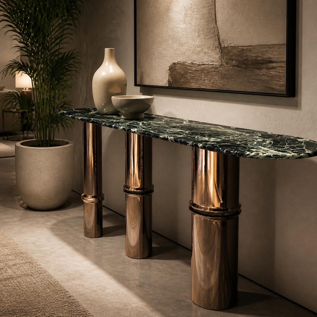 Dark Green Marble-Effect Console Table with Three Polished Bronze Pedestals