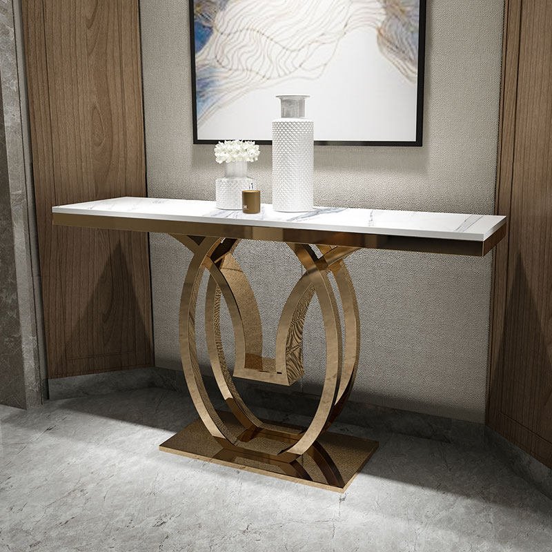 White Marble-Effect Console Table with Layered Gold Ring Pedestal