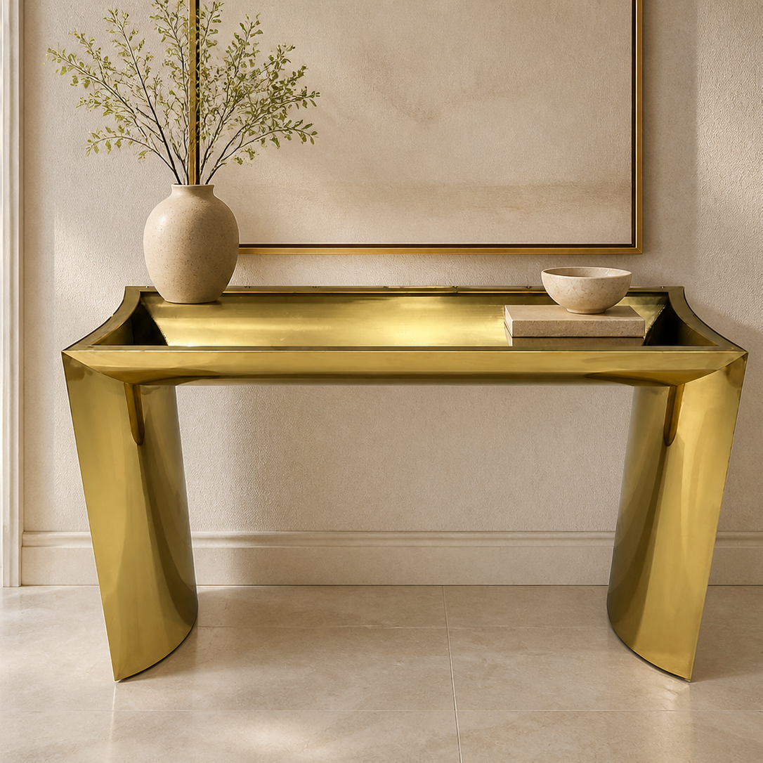 Sculptural Gold Console Table with Recessed Tray Top and Curved Legs