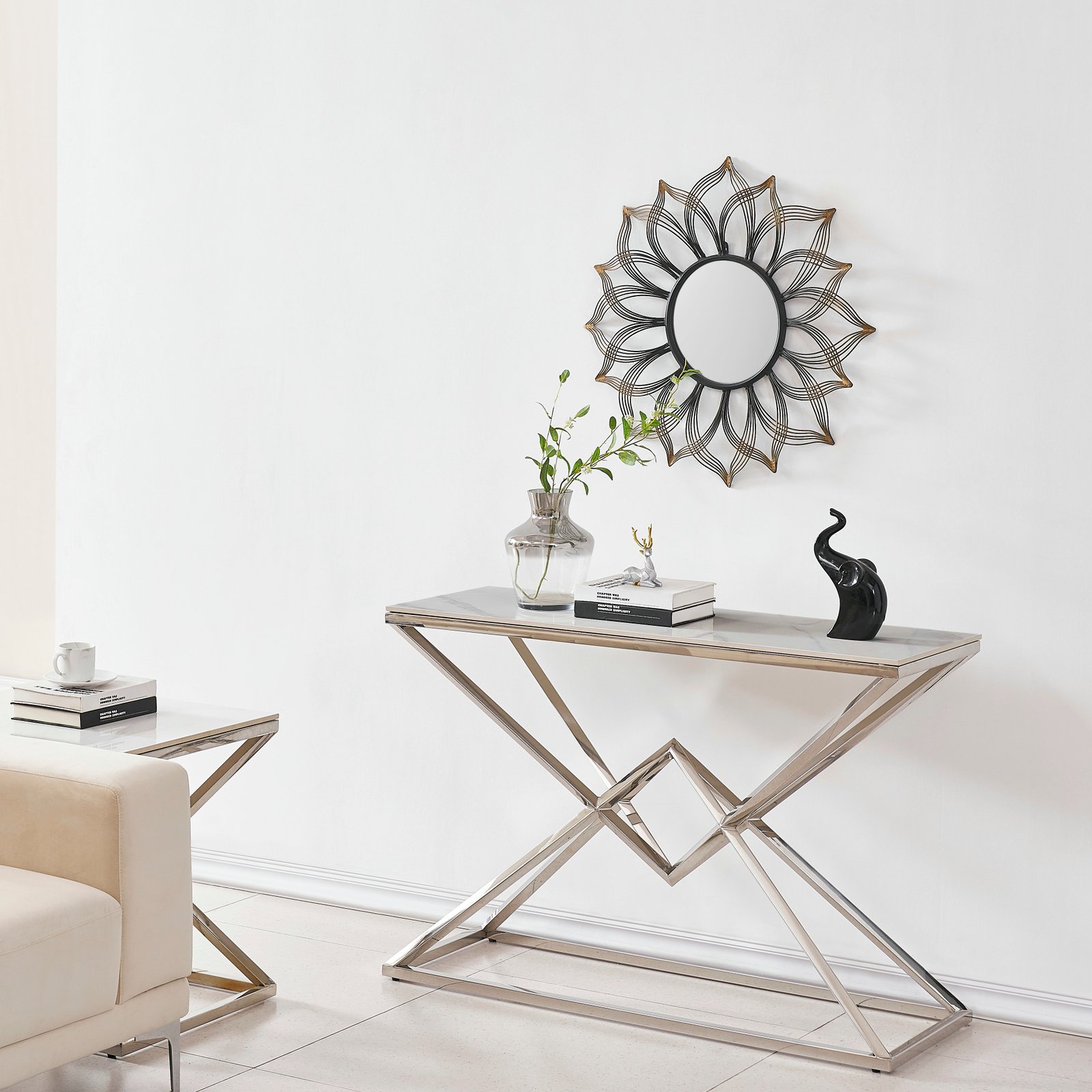 Veined Stone-Look Console Table with Geometric Diamond-Cross Metal Base