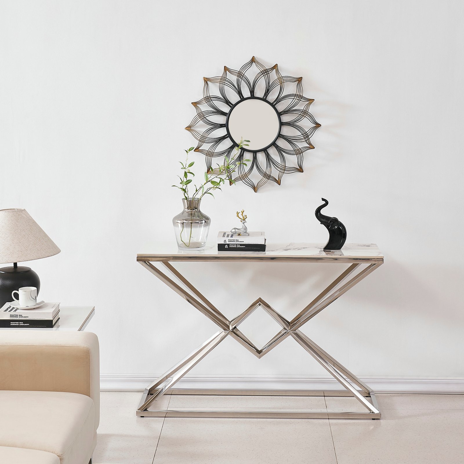 Veined Stone-Look Console Table with Geometric Diamond-Cross Metal Base
