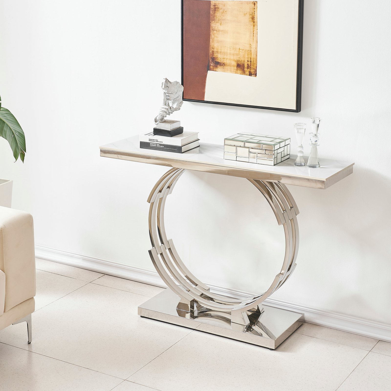 Layered Ring Pedestal Console Table with Rectangular Stone-Look Top