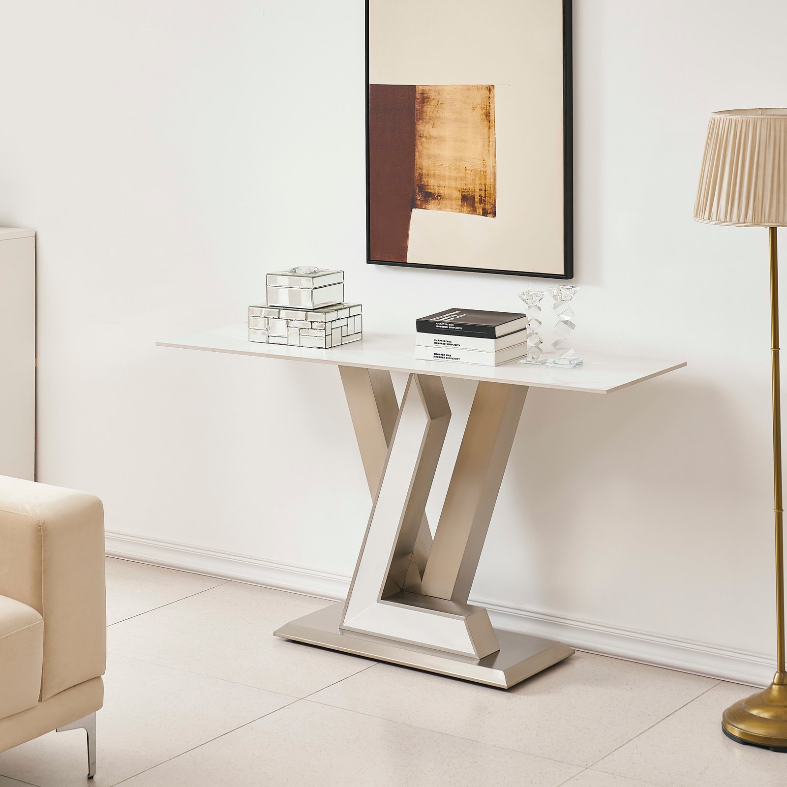 Dramatic Veined Stone-Look Console Table with Stepped Z-Frame Pedestal