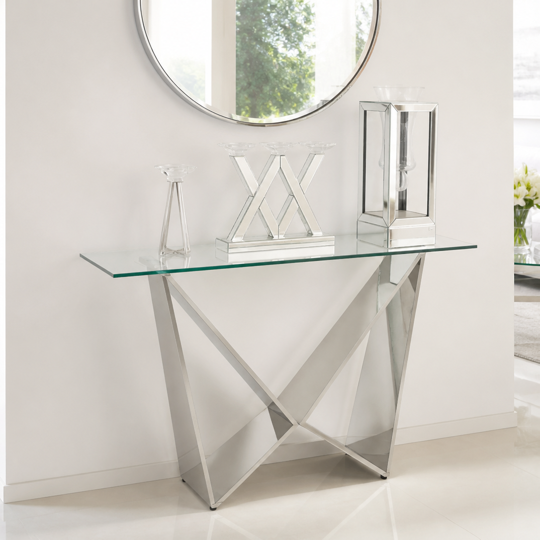 Clear Glass Console Table with Sculptural X-Frame Metal Pedestal