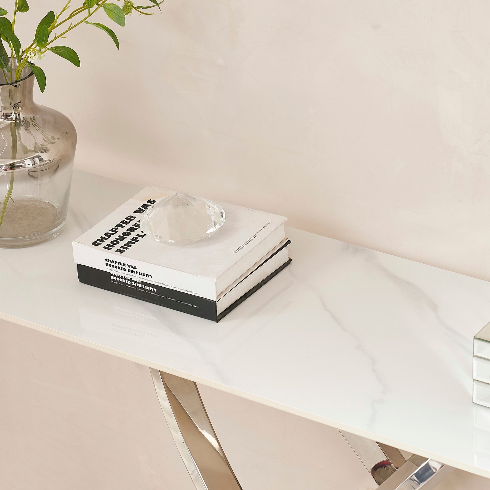 White Marble-Look Console Table with Sculptural Ribbon-Cross Pedestal