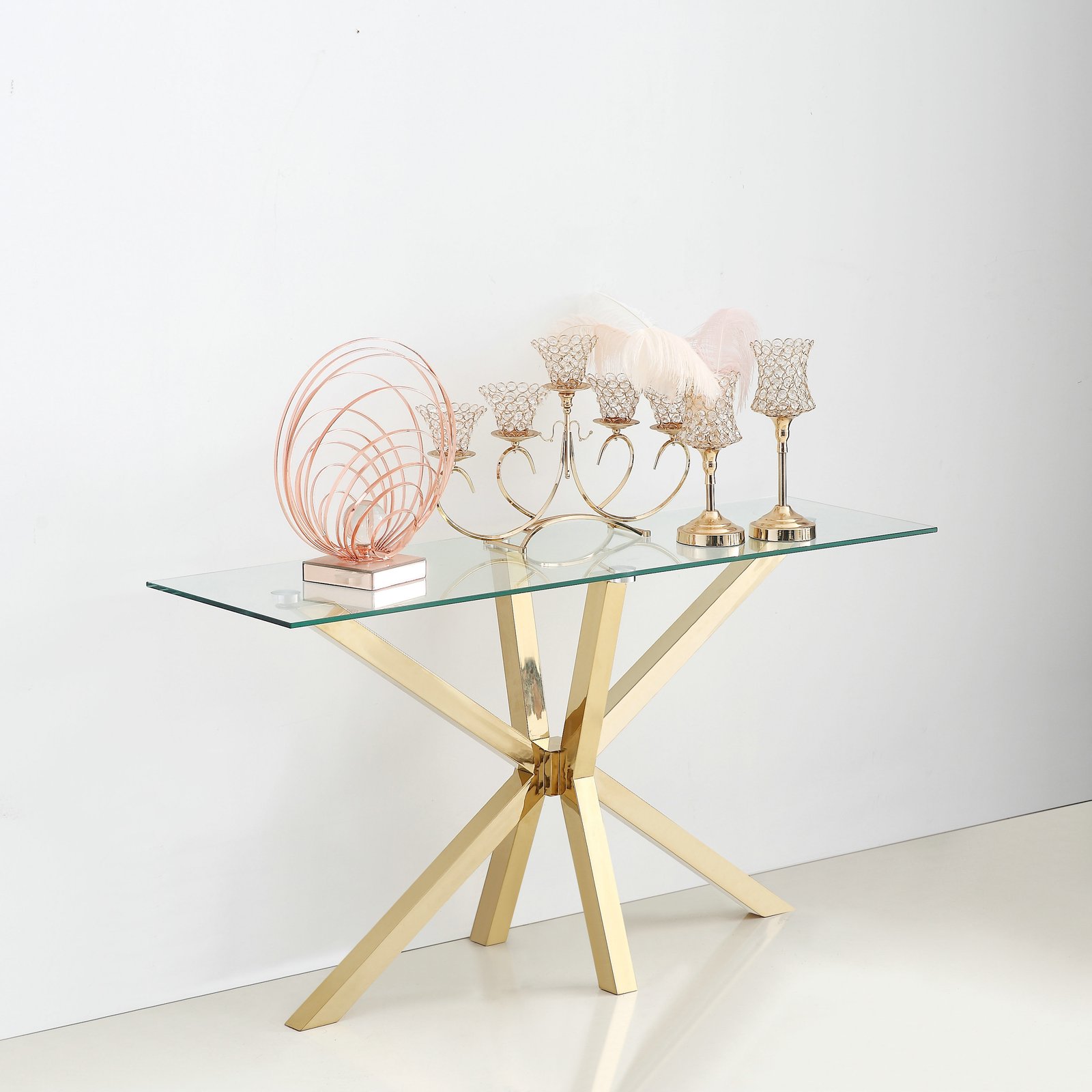 Clear Glass Console Table with Radial Gold-Tone Starburst Base