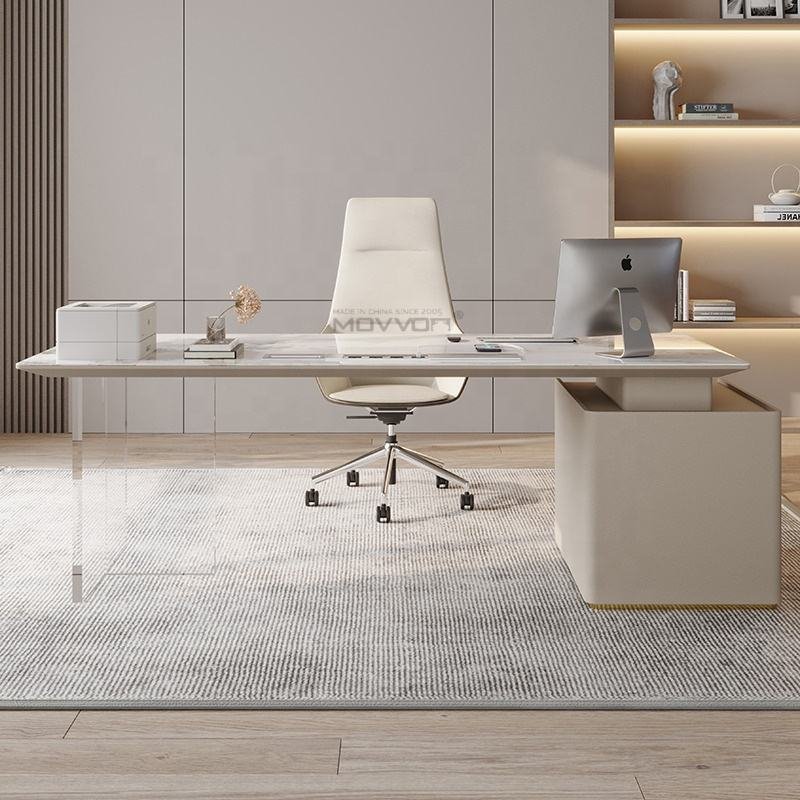 Floating White Veined Office Table With Acrylic Legs and Drawer Storage
