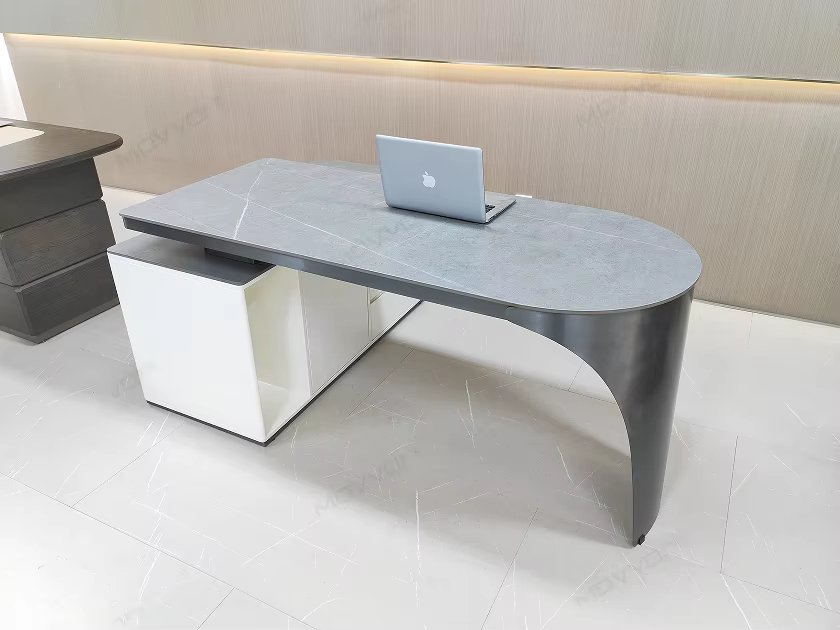 Grey Stone-Look Office Desk With Curved Metal Leg and Storage Base