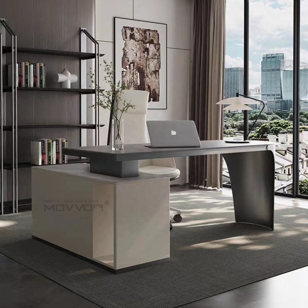 Grey Stone-Look Office Desk With Curved Metal Leg and Storage Base