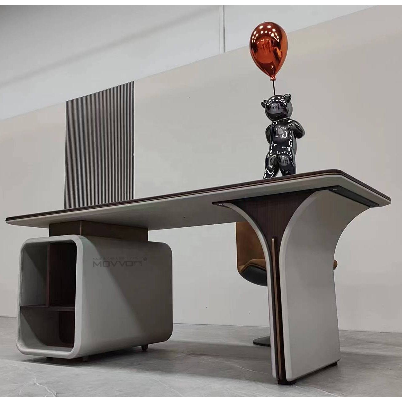 Rounded Walnut Office Desk, Rolled Side Cabinet and Curved Support
