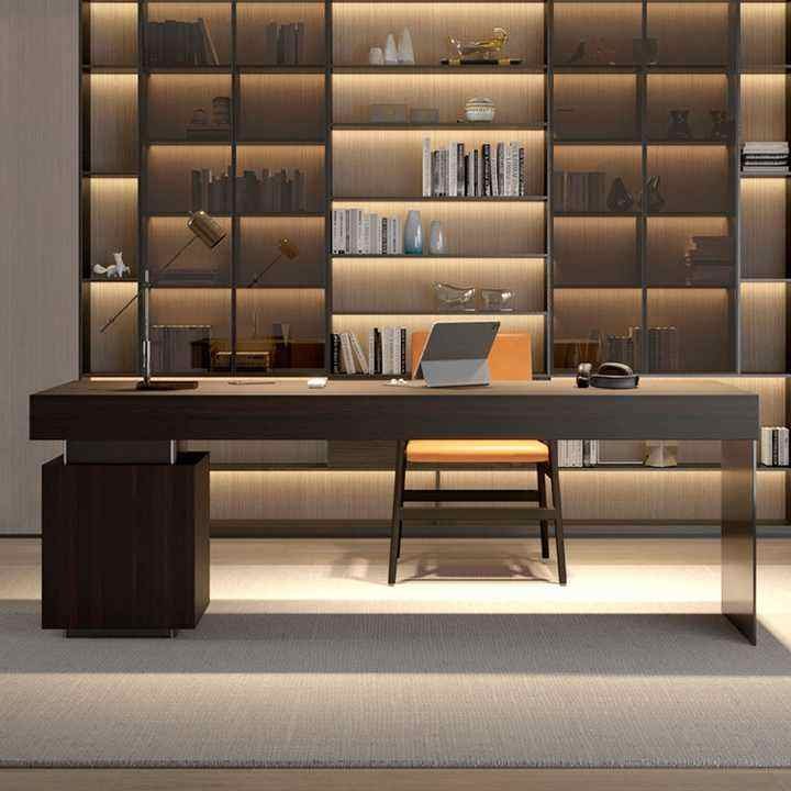 Dark Woodgrain Office Table, Block Pedestal and Slim Metal Panel Leg