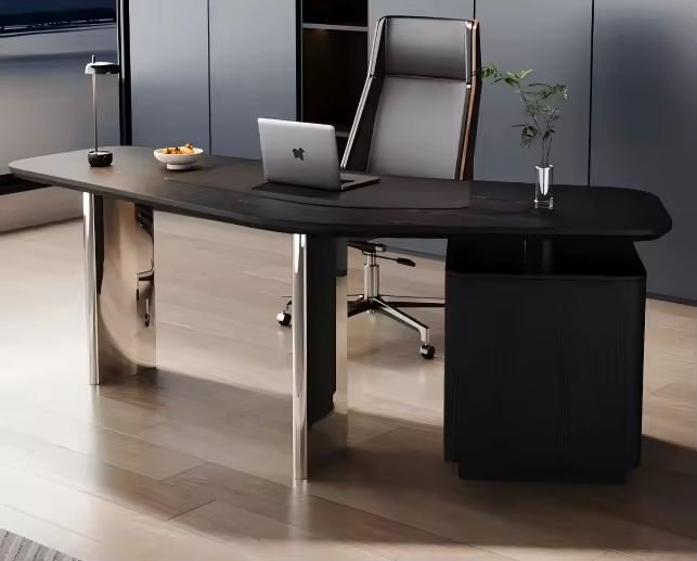 Black Sintered Stone Office Desk with Curved Metal Support Base