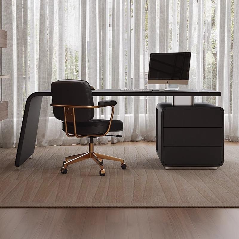 Black Wrapped Office Desk with Waterfall Side Panel and Drawers